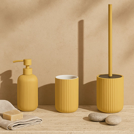 Set portaspazzolini dispenser portasapone e portascopino in ceramica giallo Color