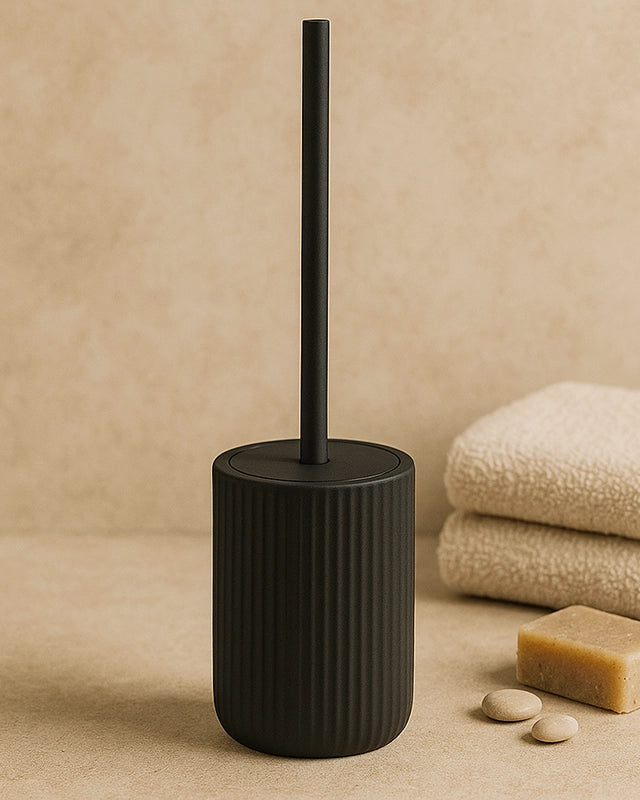 Portascopino wc a pavimento in ceramica nero color montato a parete, vista del design e della finitura - Exagonshop