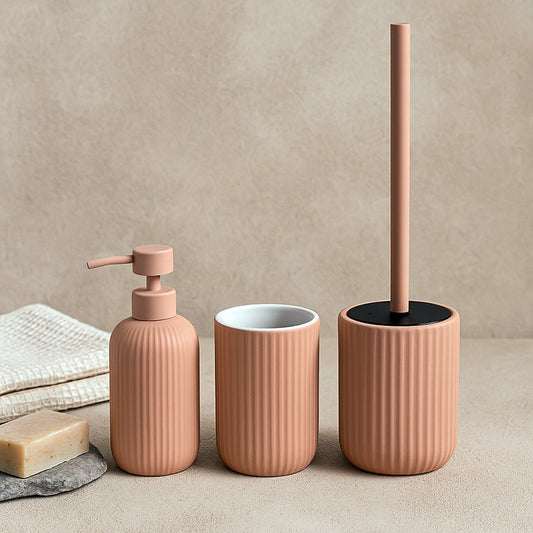 Set portaspazzolini dispenser portasapone e portascopino in ceramica rosa Color