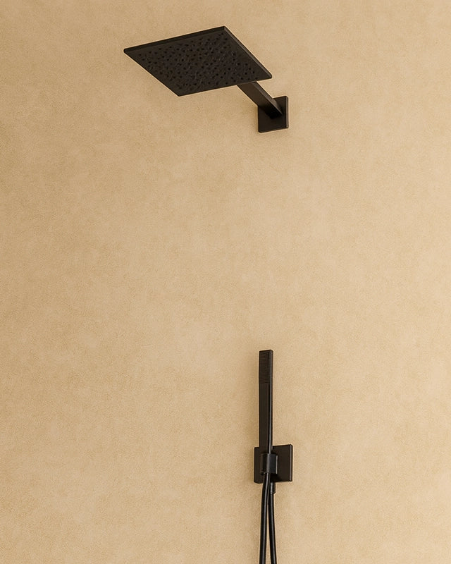 Set soffione doccia 25x25 Smart quadro braccio 35 cm e in ottone e opaco, vista frontale della maniglia e della bocca di...