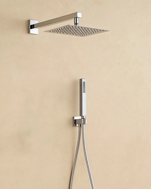 Set soffione doccia 20x20 quadro slim Smart con braccio 33 Cromo Lucido, vista frontale della maniglia e della bocca di...