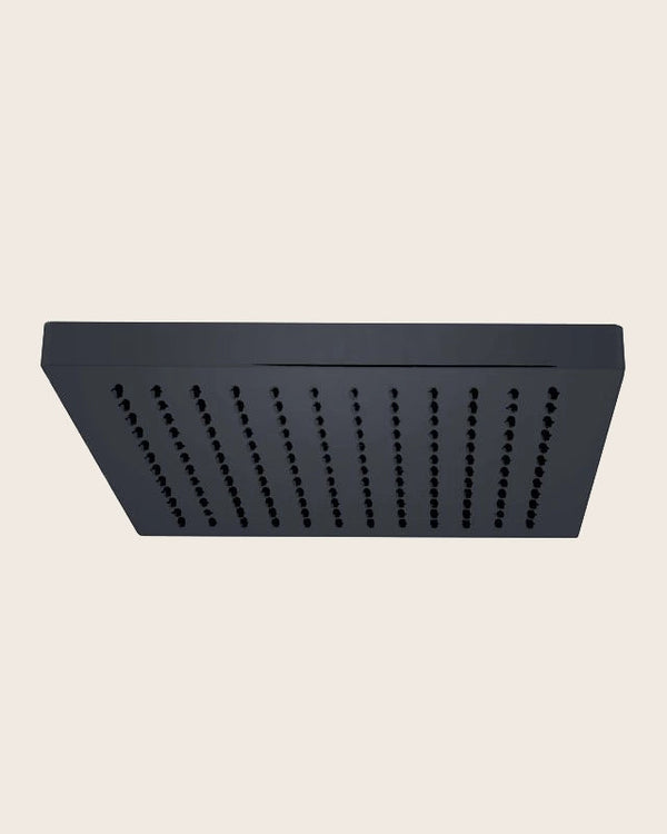 Soffione Doccia 20x20 Cm In Abs Nero Opaco New Line, vista frontale della maniglia e della bocca di erogazione - Exagonshop