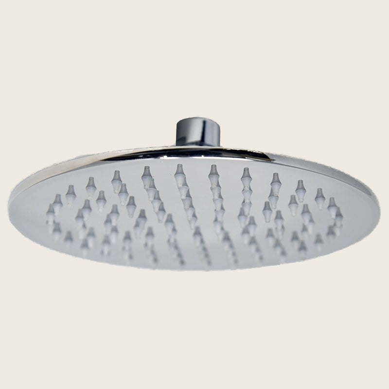 Soffione doccia 20 cm 6,5 mm tondo in acciaio cromo lucido in cromato, vista frontale della maniglia e della bocca di...