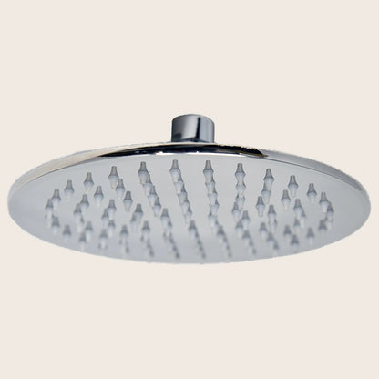 Soffione doccia 20 cm 6,5 mm tondo in acciaio cromo lucido in cromato, vista frontale della maniglia e della bocca di...