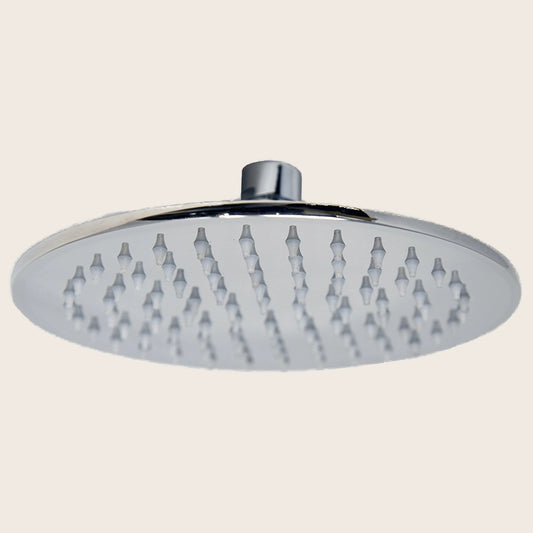 Soffione doccia 20 cm 6,5 mm tondo in acciaio cromo lucido in cromato, vista frontale della maniglia e della bocca di...