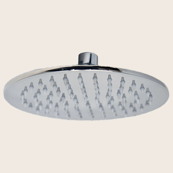 Soffione doccia 20 cm 6,5 mm tondo in acciaio cromo lucido in cromato, vista frontale della maniglia e della bocca di...