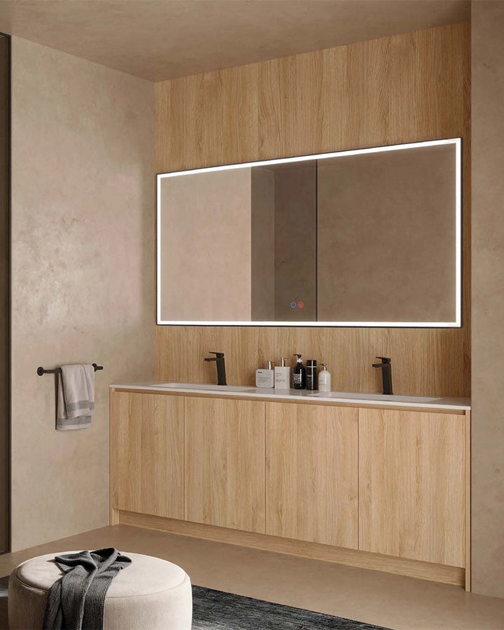 Specchio 100x80 con luce frontale nero opaco Siena spenta, dettaglio del corpo lampada e dei materiali - Exagonshop