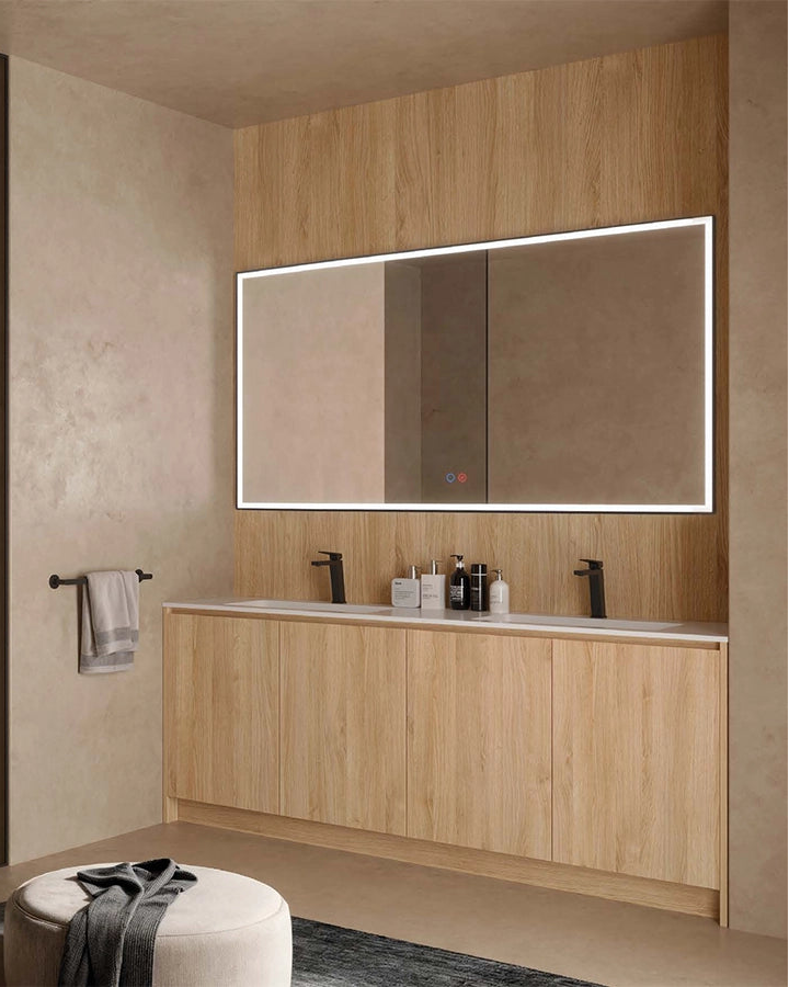 Specchio 90x80 con luce frontale nero opaco Siena spenta, dettaglio del corpo lampada e dei materiali - Exagonshop