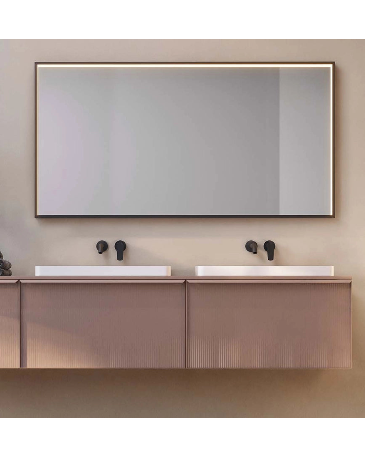 Specchio 100x80 illuminato nero opaco Torino spenta, dettaglio del corpo lampada e dei materiali - Exagonshop
