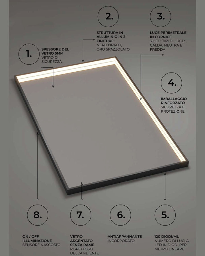 Specchio 100x80 illuminato nero opaco Torino, vista posteriore con attacco elettrico - Exagonshop