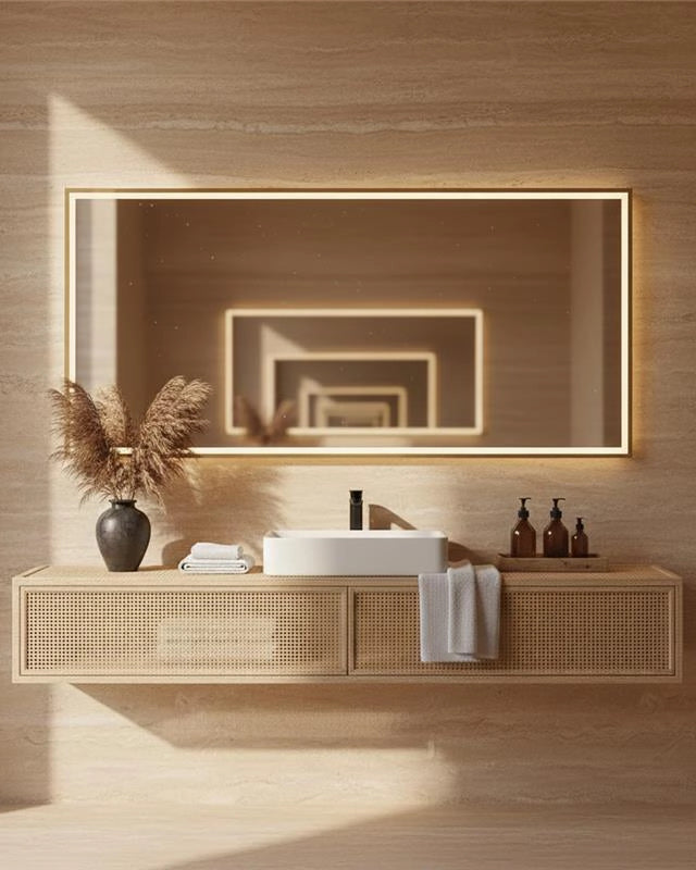 Specchio 100x80 illuminato oro spazzolato Torino in alluminio accesa in ambiente, design e diffusione della luce - Exagonshop