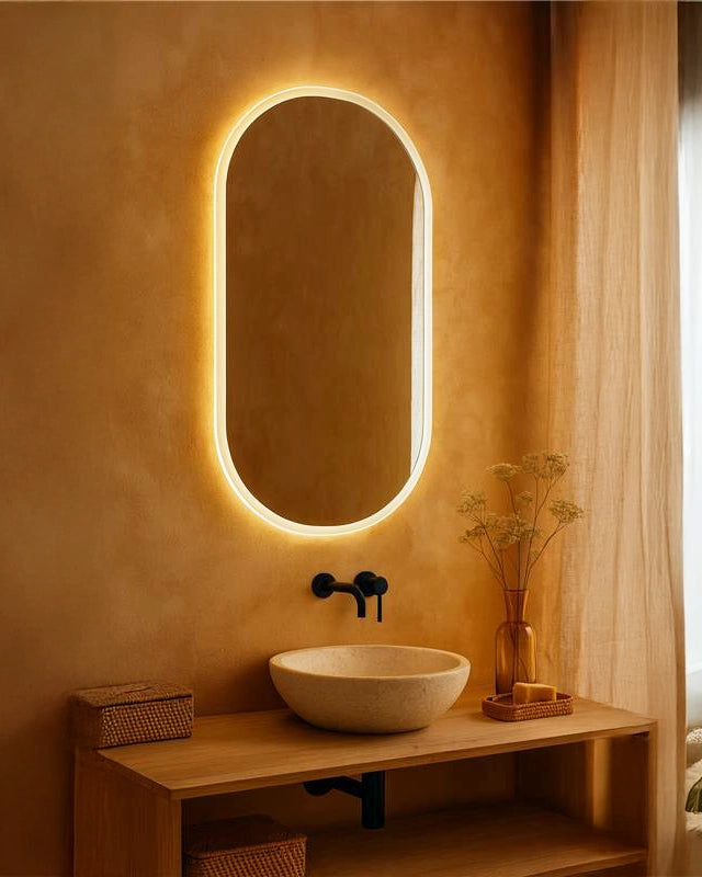 Specchio 101x53 retroilluminato ovale in lucido accesa in ambiente, design e diffusione della luce - Exagonshop