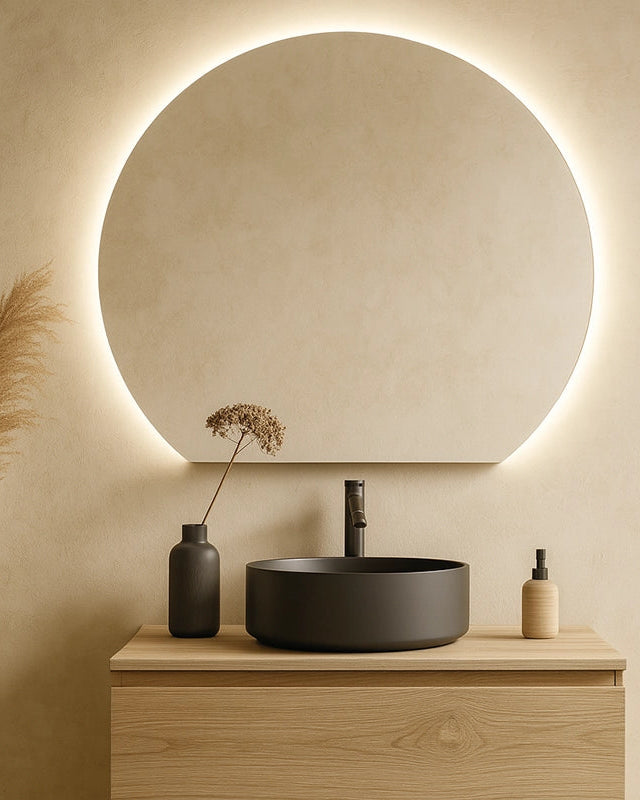 Specchio 110x93 retroilluminato led semicircolare accesa in ambiente, design e diffusione della luce - Exagonshop