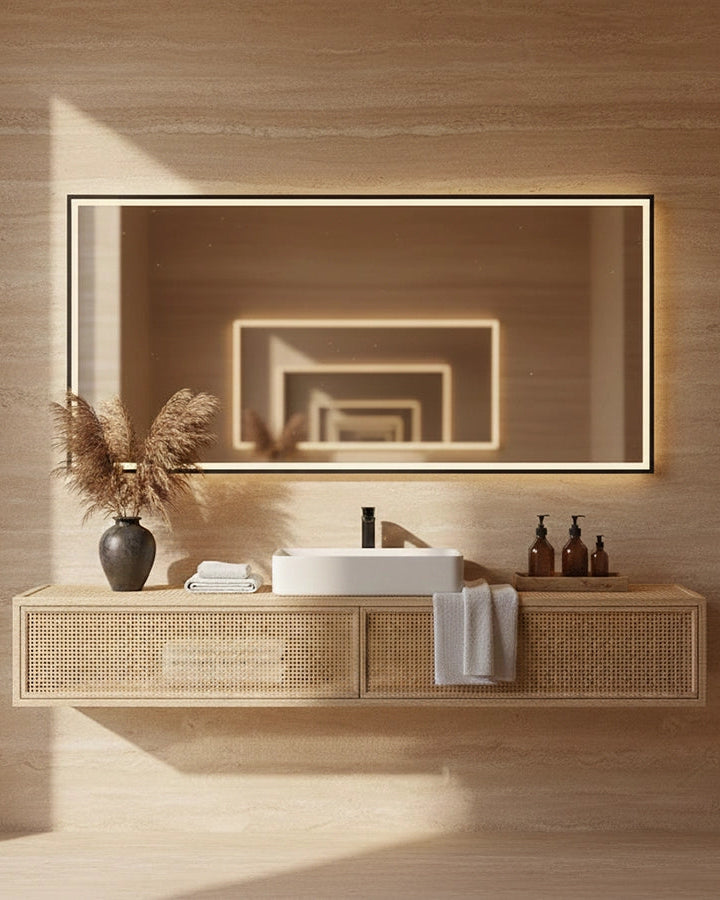 Specchio 120x80 illuminato nero opaco Torino in alluminio accesa in ambiente, design e diffusione della luce - Exagonshop