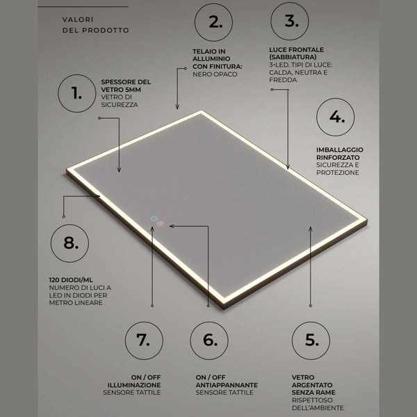 Specchio 140x60 con luce frontale nero opaco Siena