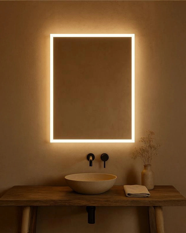 Specchio 60x80 Bagno retroilluminato a led in naturale accesa in ambiente, design e diffusione della luce - Exagonshop