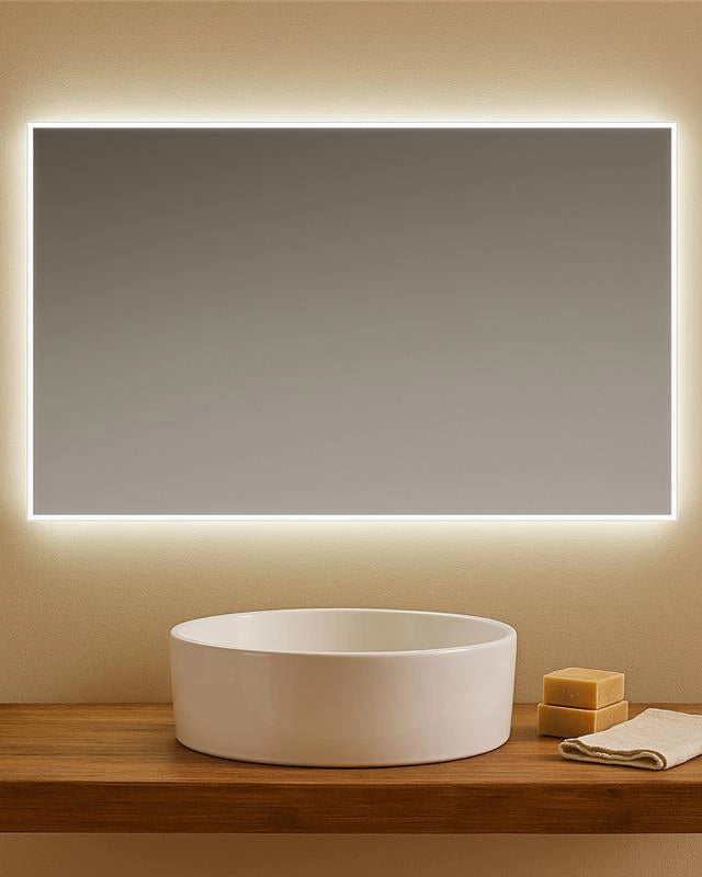 Specchio 60x80 retroilluminato reversibile accesa in ambiente, design e diffusione della luce - Exagonshop