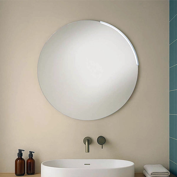 Specchio 70 cm tondo bagno con lampada accesa in ambiente, design e diffusione della luce - Exagonshop