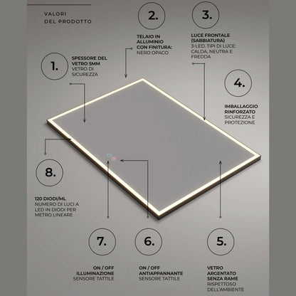 Specchio 70x80 con luce frontale nero opaco Siena