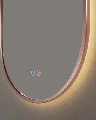 Specchio 90x50 retroilluminato 3 Led oro rosa spazzolato spenta, dettaglio del corpo lampada e dei materiali - Exagonshop