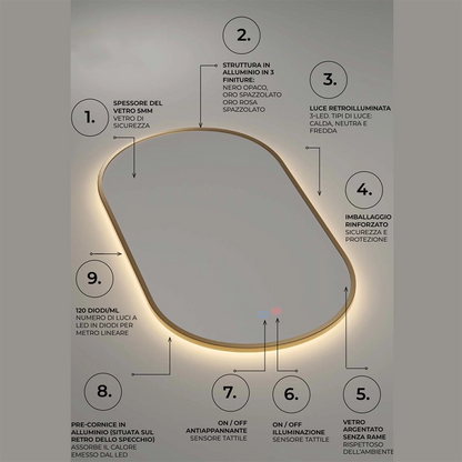 Specchio 90x50 retroilluminato 3 Led oro spazzolato Pisa