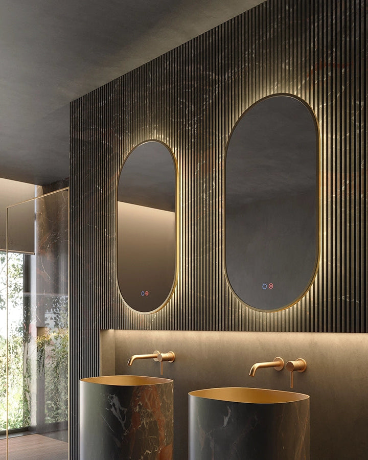 Specchio 90x50 retroilluminato 3 Led oro spazzolato Pisa spenta, dettaglio del corpo lampada e dei materiali - Exagonshop