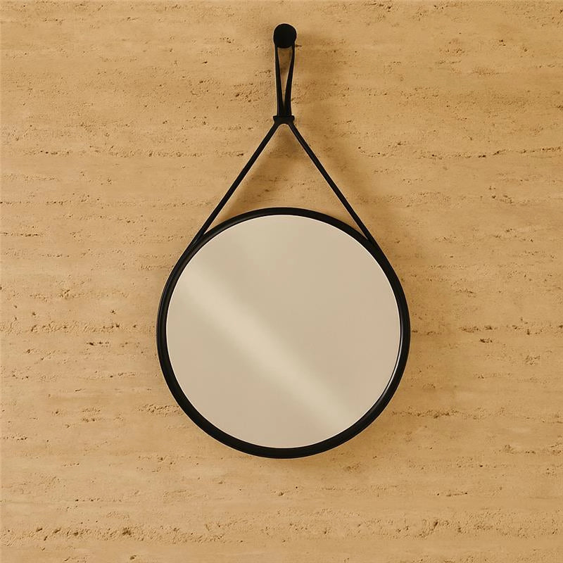 Specchio 60 cm Bagno Tondo con Cornice Ecopelle Nero con lavabo e rubinetteria, vista frontale su sfondo neutro - Exagonshop