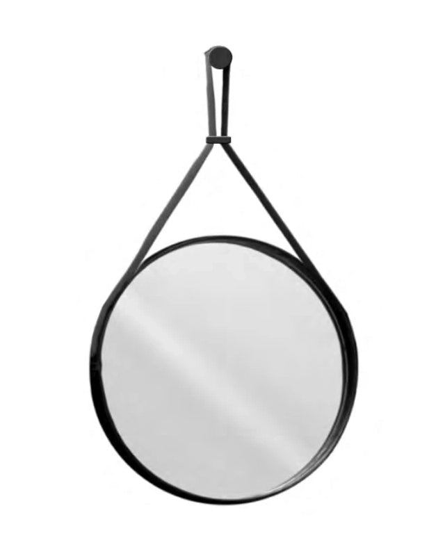 Specchio 60 cm Bagno Tondo con Cornice Ecopelle Nero ambientato in bagno moderno con specchio e accessori - Exagonshop