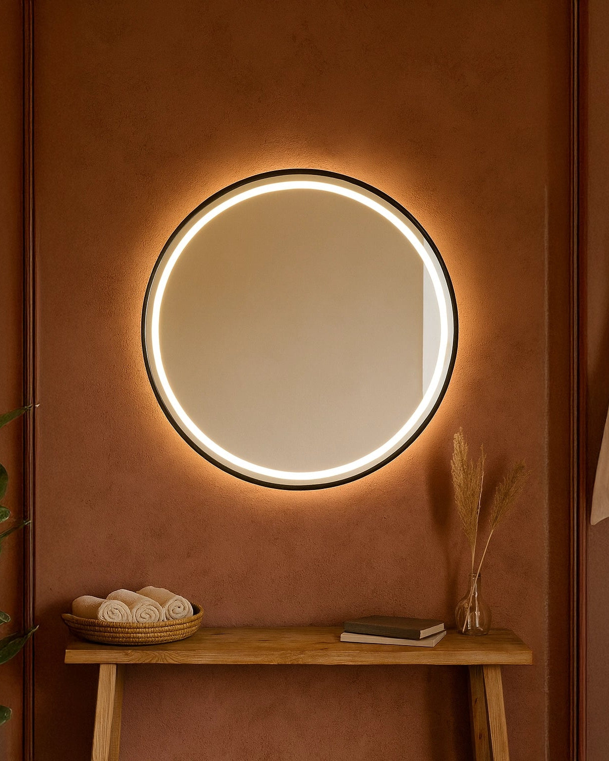 Specchio tondo 80 cm nero opaco luce regolabile accesa in ambiente, design e diffusione della luce - Exagonshop