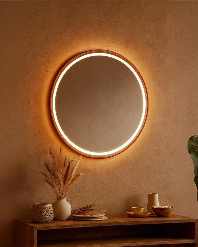 Specchio tondo 80 cm oro rosa luce regolabile in spazzolato accesa in ambiente, design e diffusione della luce - Exagonshop