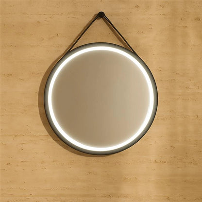 Specchio tondo illuminato 70 cm in metallo e cintura in ecopelle