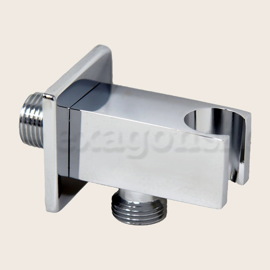 Supporto Con Presa Acqua Quadra Ottone Cromato Cromo, vista frontale della maniglia e della bocca di erogazione - Exagonshop