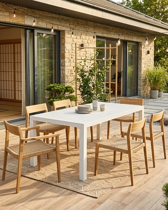Tavolo da Giardino 160x100 allungabile in alluminio bianco in naturale ambientato in spazio living con arredi coordinati...