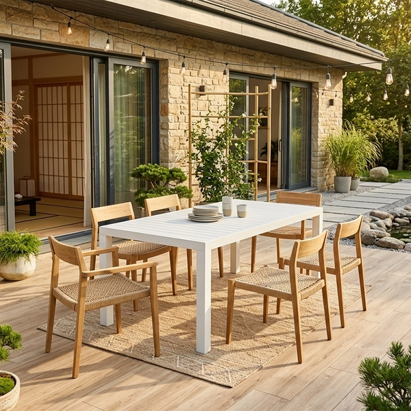 Tavolo da Giardino 160x100 allungabile in alluminio bianco in naturale ambientato in spazio living con arredi coordinati...