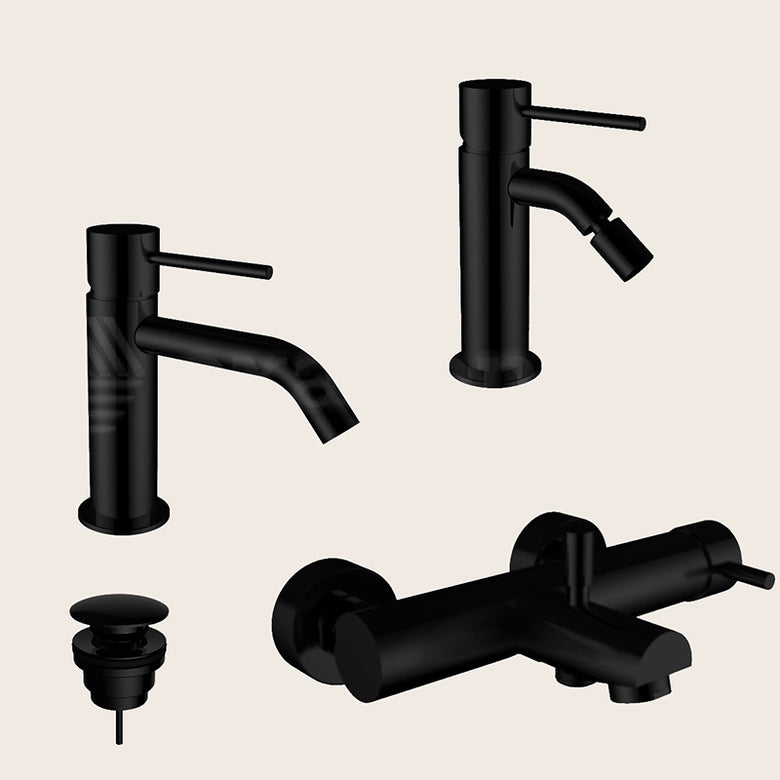 Teorema Jabil 25 Set Miscelatori Lavabo Bidet E Vasca Nero in opaco visto dall'alto con superficie e piletta di scarico