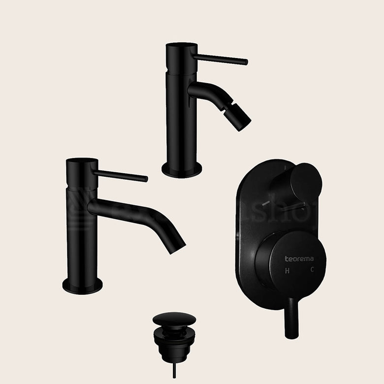 Teorema Jabil Set Miscelatori Lavabo Bidet E Doccia con in opaco visto dall'alto con superficie e piletta di scarico