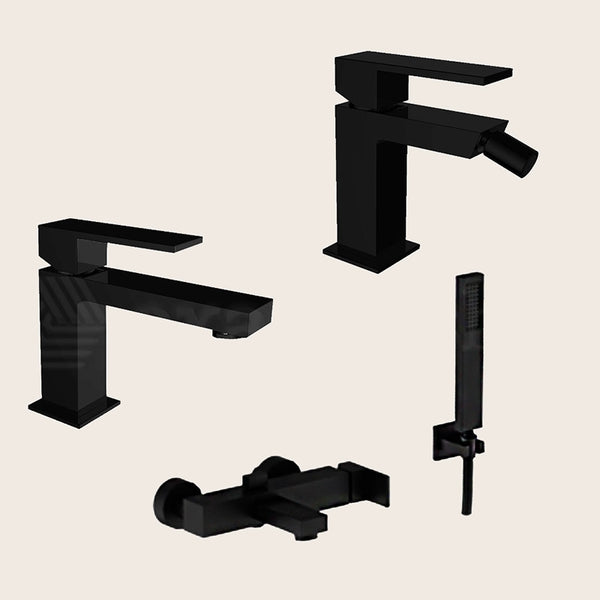 Teorema Pillar Set Miscelatori Lavabo Bidet click clack E in opaco visto dall'alto con superficie e piletta di scarico