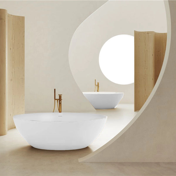 Treesse Carezza vasca 180x85 freestanding bianco opaco visto dall'alto con superficie e piletta di scarico