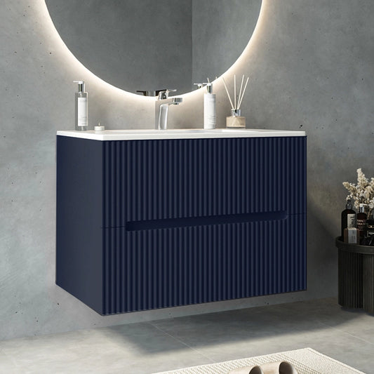 Mobile bagno blu marino 80x46 cannettato Urbino 2.0 con lavabo in resina e due cassetti