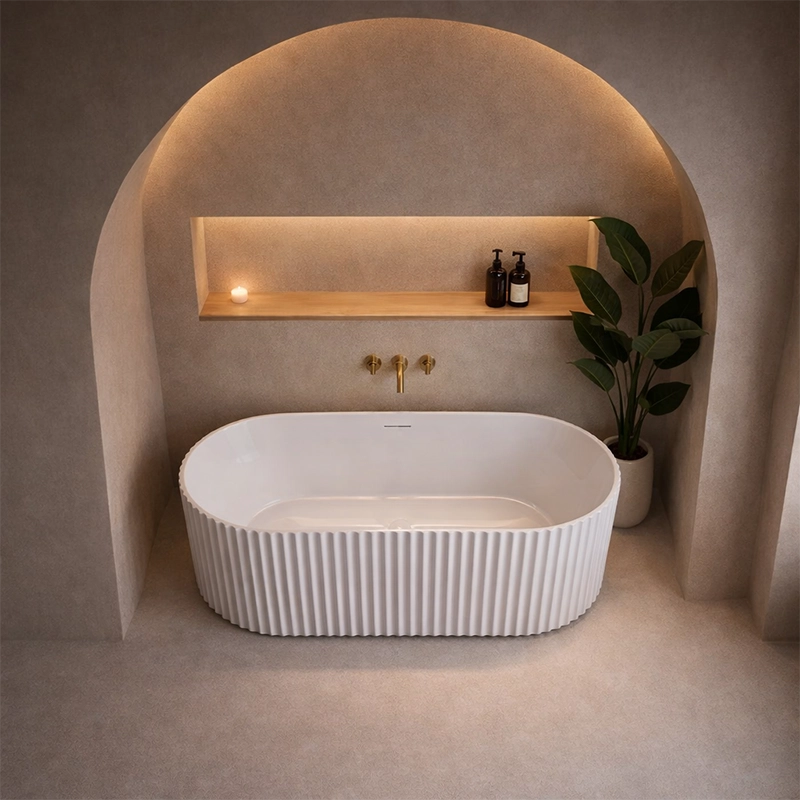 Vasca 170x80 Jeorgia freestanding in acrilico cannettato, vista laterale dello spessore e del bordo - Exagonshop
