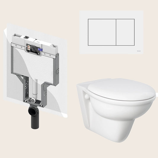 Vaso sospeso Karla Cassetta ad incasso e Placca 2 pulsanti in abs ambientato su piano bagno con accessori - Exagonshop