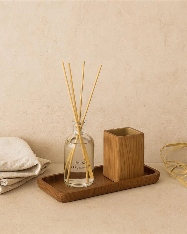 Vassoio portaoggetti effetto legno Radici Legno Naturale in resina montato a parete, vista del design e della finitura...