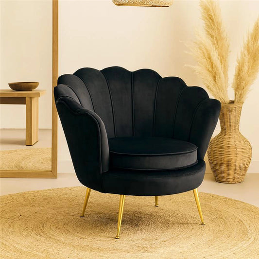 Water Lily Poltrona design Glamour con gambe in acciaio dorato e tessuto imbottito nero