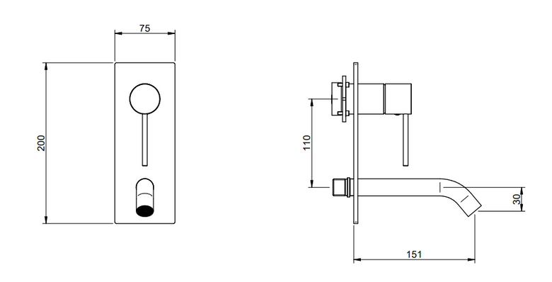 Treemme 40mm miscelatore lavabo verticale a muro senza Acciaio, vista laterale del profilo e della forma - Rubinetterie...