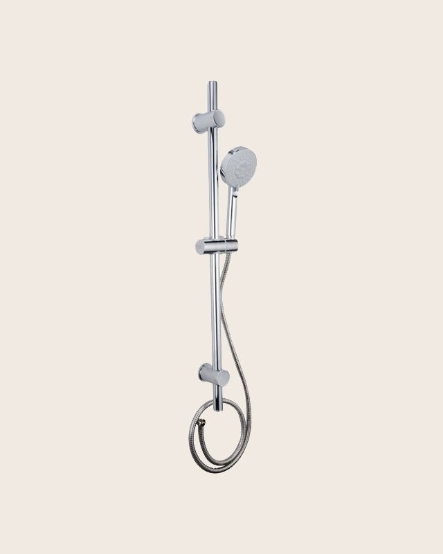New line asta doccia 65 cm con doccetta 5 jet cromo in lucido e cromato, vista frontale della maniglia e della bocca di...