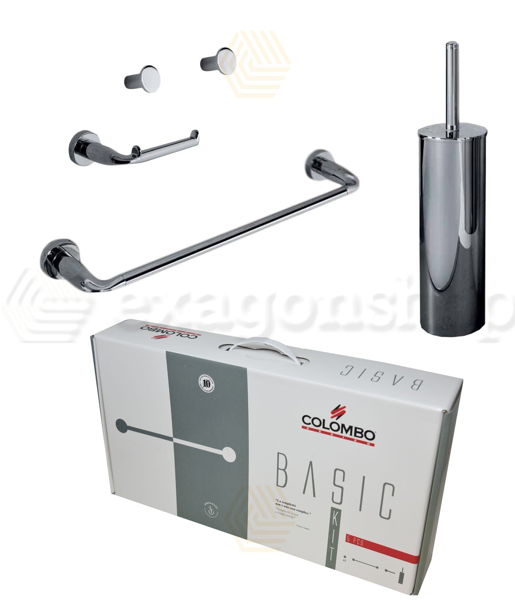Colombo Basic set accessori bagno portasciugamani 5pz Cromo, dettaglio ravvicinato del materiale e dell'aggancio...
