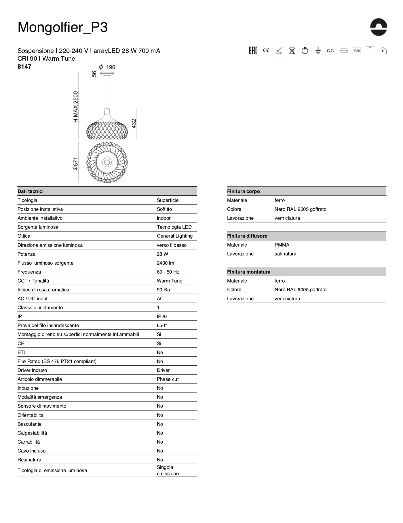 Linea Light Stilnovo Mongolfier P3 Lampada a sospensione, vista posteriore con attacco elettrico