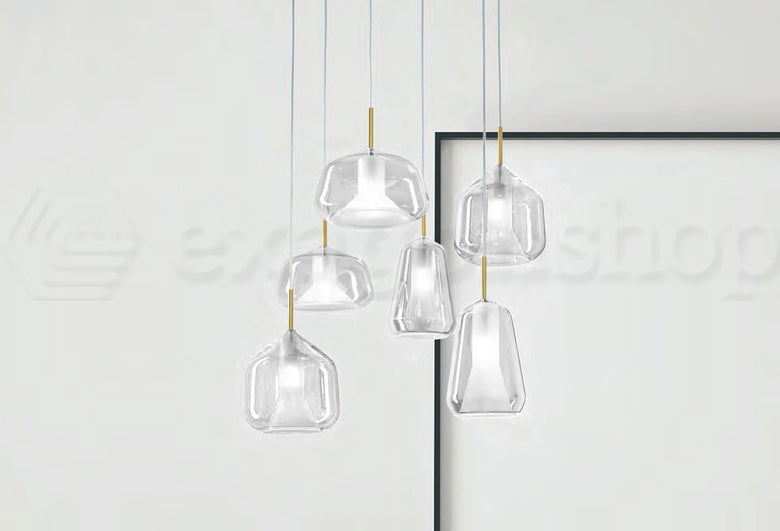 Miloox X-Ray Lampadario sospeso 6 Luci con vetro spenta, dettaglio del corpo lampada e dei materiali