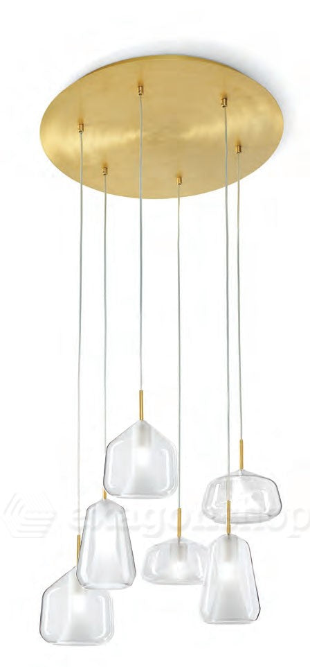 Miloox X-Ray Lampadario sospeso 6 Luci con vetro in satinato e spazzolato accesa in ambiente, design e diffusione della luce
