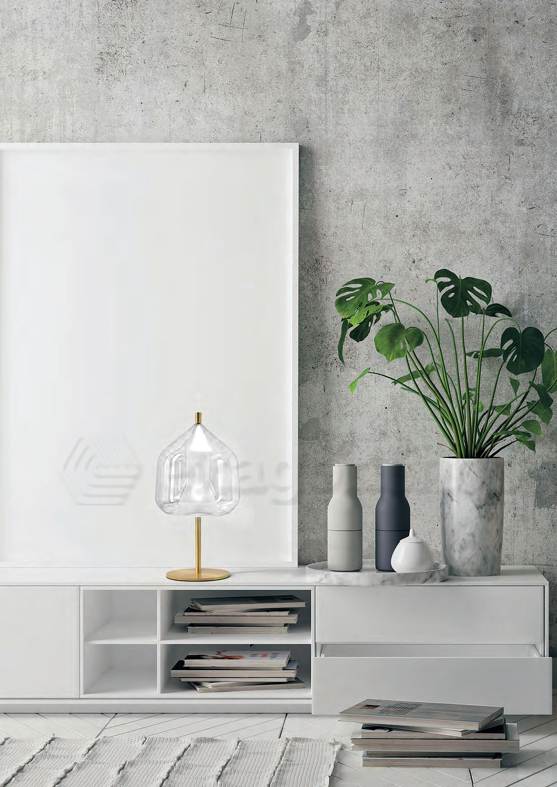 Miloox X-Ray Lampada Da Tavolo oro spazzolato e Vetro rande in satinato accesa in ambiente, design e diffusione della luce
